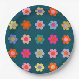 Colourful Abstract Flowers Navy Blue Retro Floral  Paper Plate