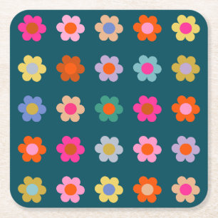 Colourful Abstract Flowers Navy Blue Retro Floral  Square Paper Coaster