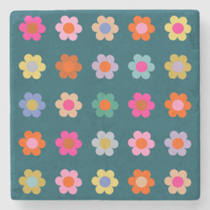 Colourful Abstract Flowers Navy Blue Retro Floral  Stone Coaster