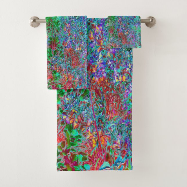 Colourful Abstract Garden with Crimson Sunset Bath Towel Set (Insitu)