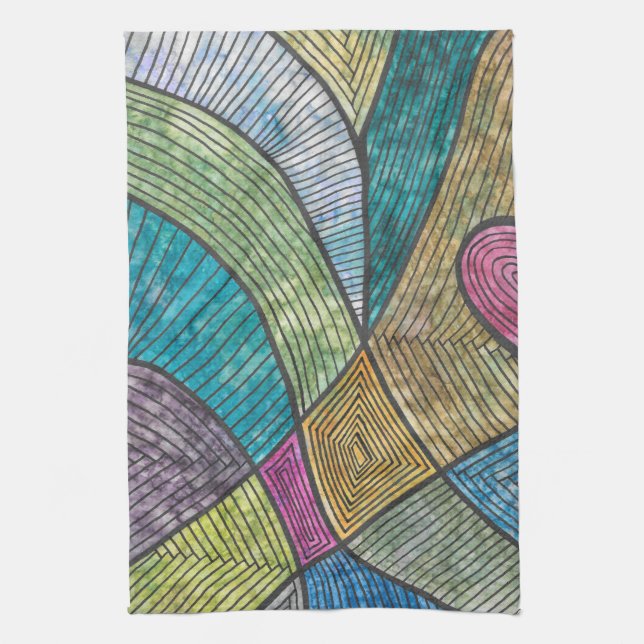 Colourful Abstract Geometric Pattern Curved Lines Kitchen Towel (Vertical)