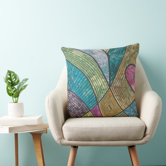 Colourful Abstract Geometric Pattern Curved Lines Throw Pillow (Chair)