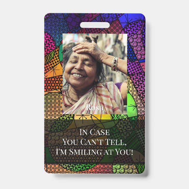 Colourful Abstract Graphic Smiling Behind a Mask Badge (Front)