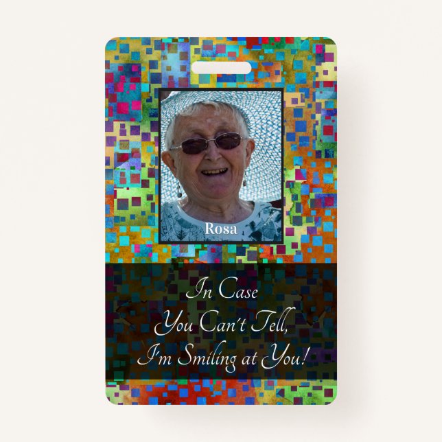 Colourful Abstract Graphic Smiling Behind a Mask Badge (Front)
