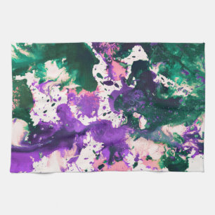 Colourful Abstract Green and Purple Splatter Paint Kitchen Towel