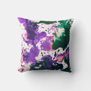 Colourful Abstract Green and Purple Splatter Paint Throw Pillow