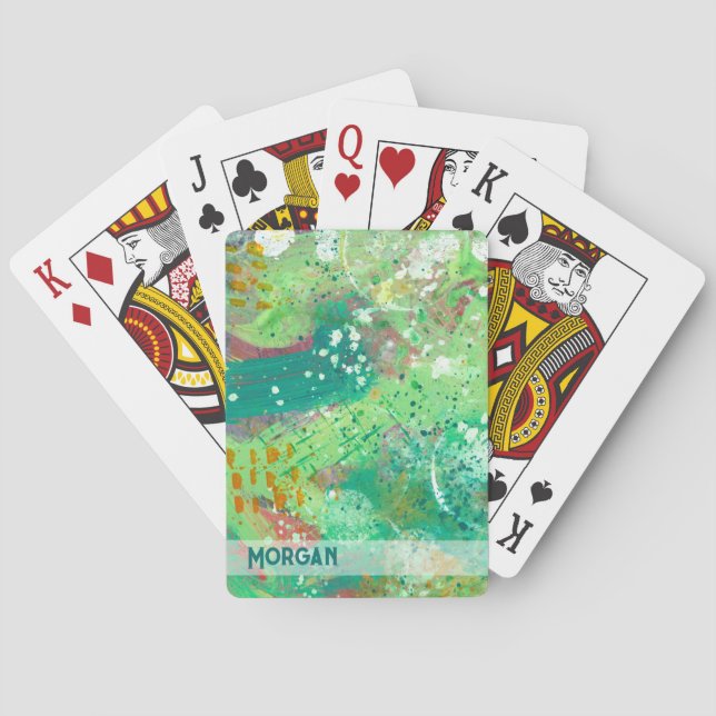 Colourful Abstract Green Personalized Name Playing Cards (Back)