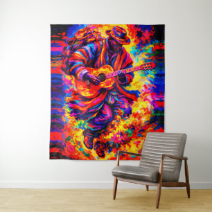Colourful Abstract Guitar Players Duo Impasto Tapestry