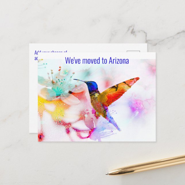 Colourful Abstract Hummingbird Change of Address Postcard (Front/Back In Situ)