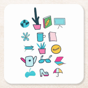  Colourful Abstract Icons Featuring Everyday Items Square Paper Coaster