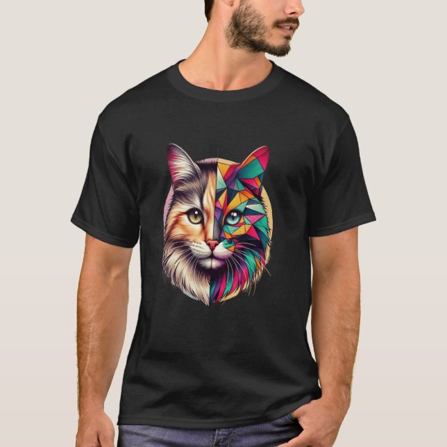 Colourful Abstract Kitten Half Face Cute Geometry  T-Shirt (Front)
