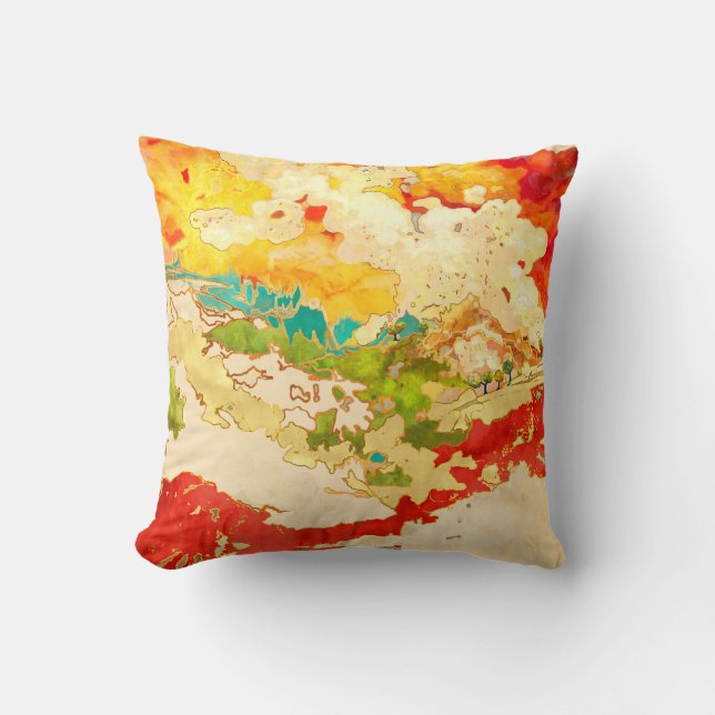 Colourful, abstract landscape, hills, lake, trees throw pillow (Front)