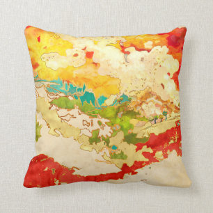 Colourful, abstract landscape, hills, lake, trees throw pillow