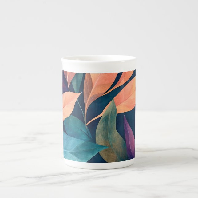 Colourful Abstract Leaves Bone China Mug (Front)
