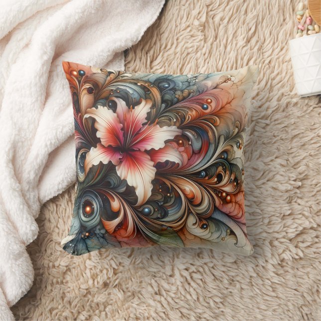 Colourful Abstract Lily With Artistic Swirls Throw Pillow (Blanket)