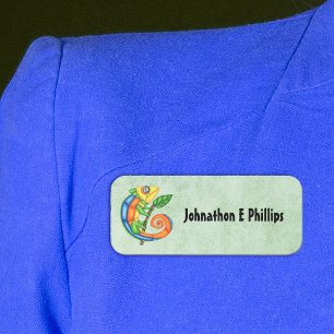 Colourful Abstract Lizard Holding Leaf on Branch Name Tag