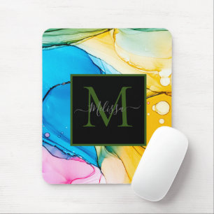 Colourful  Abstract Marbled Monogram Name  Mouse Pad