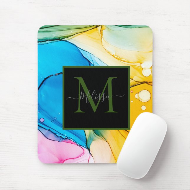 Colourful  Abstract Marbled Monogram Name  Mouse Pad (With Mouse)