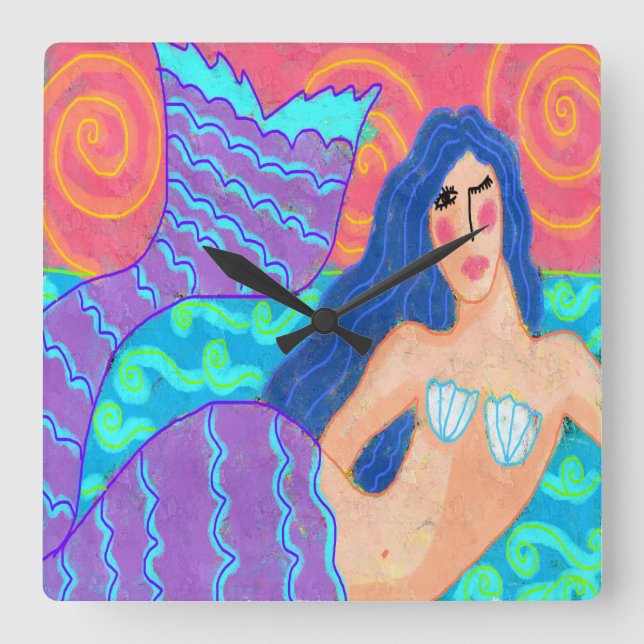 Colourful Abstract Mermaid Art Square Wall Clock (Front)