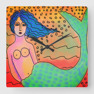 Colourful Abstract Mermaid Art Square Wall Clock