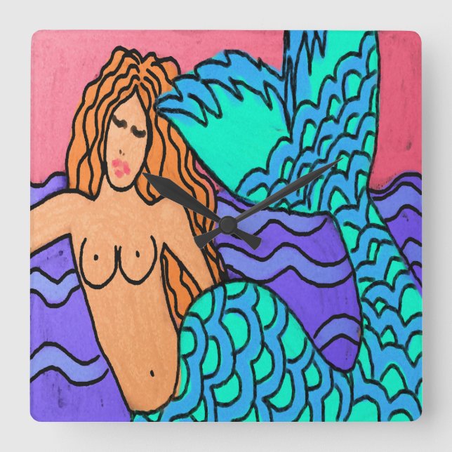 Colourful Abstract Mermaid Painting Square Wall Cl Square Wall Clock (Front)