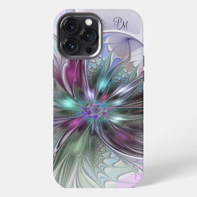 Colourful Abstract Modern Fractal Flower Initials iPhone Case (Back)