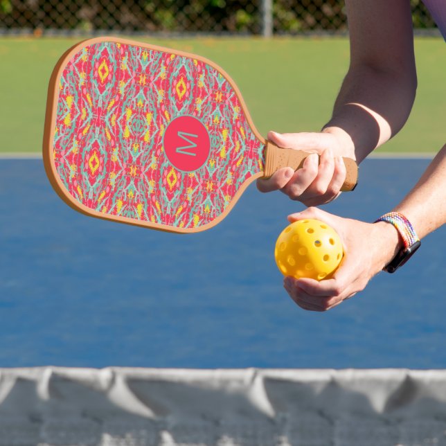 Colourful Abstract Monogrammed Pickleball Paddle (Insitu)