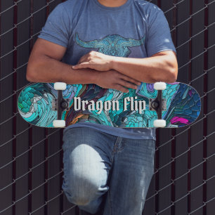 Colourful Abstract Mosaic Dragon Scales With Text Skateboard