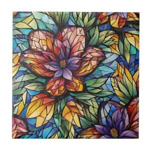 Colourful Abstract Mosaic Flower and Leaves  Tile
