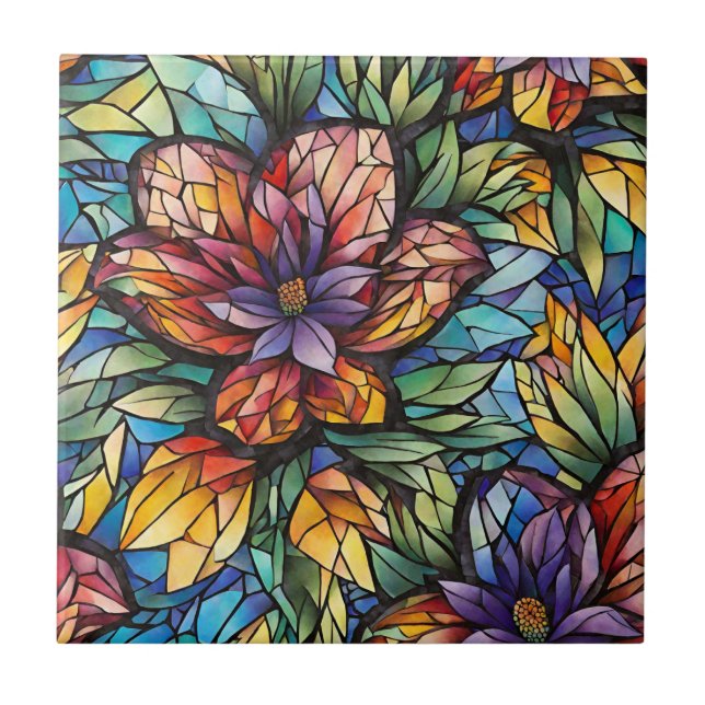 Colourful Abstract Mosaic Flower and Leaves  Tile (Front)