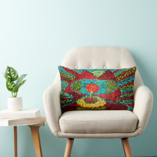 Colourful Abstract Mosaic Landscape Lumbar Pillow