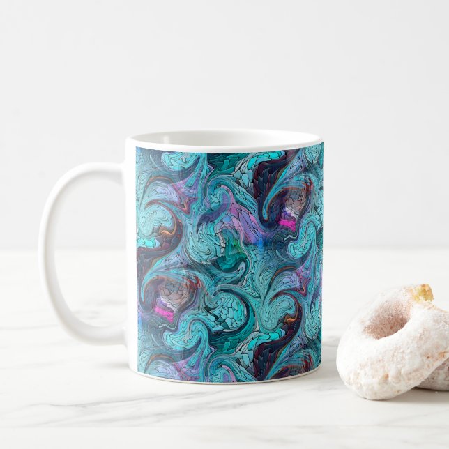 Colourful Abstract Mosaic Mermaid or Dragon Scales Coffee Mug (With Donut)
