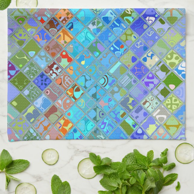 Colourful Abstract Mosaic Pattern Kitchen Towel (Folded)