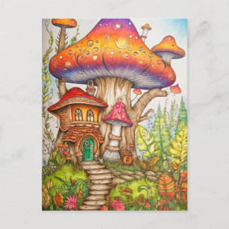 Colourful Abstract Mushroom House Illustration Postcard
