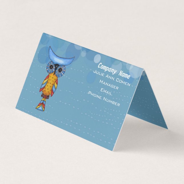 Colourful Abstract Owl Big Blue Eyes Circles Business Card (Front)