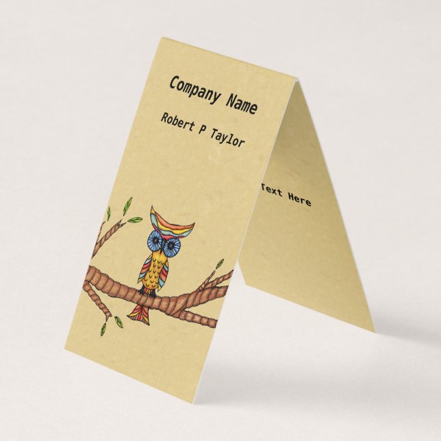 Colourful Abstract Owl on Tree Branch Tan Business Card (Front)