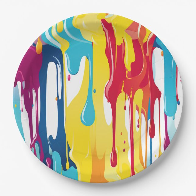 Colourful Abstract Paint Drips (3) Paper Plate (Front)