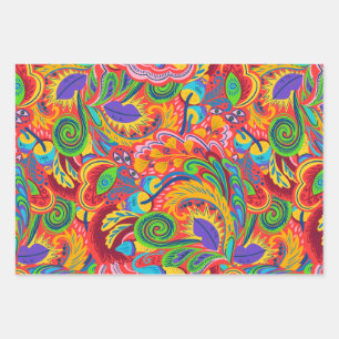 Colourful Abstract Paisley Flowers, Leaves  Wrapping Paper Sheet