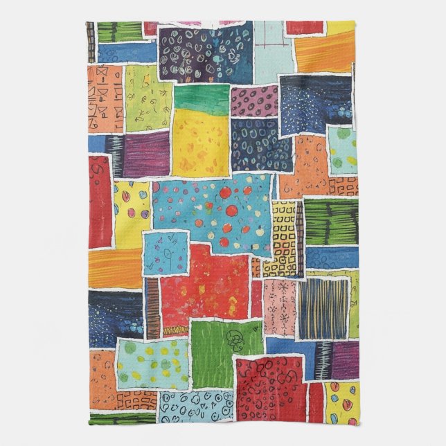Colourful Abstract Patchwork Pattern Kitchen Towel (Vertical)
