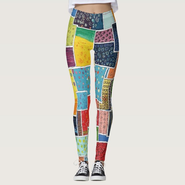 Colourful Abstract Patchwork Pattern Leggings (Front)