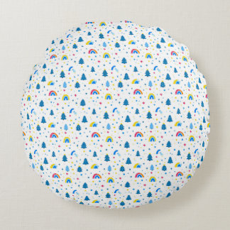 Colourful Abstract Pattern with Trees and Rainbows Round Pillow