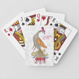 Colourful Abstract Peacock And White Floral Damask Playing Cards