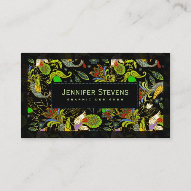 Colourful Abstract Peacocks On Black Background Business Card (Front)