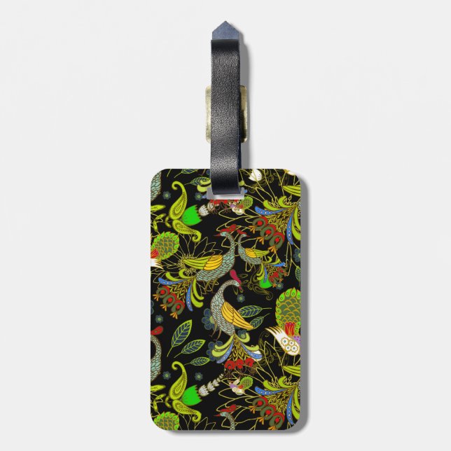 Colourful Abstract Peacocks On Black Background Luggage Tag (Back Vertical)