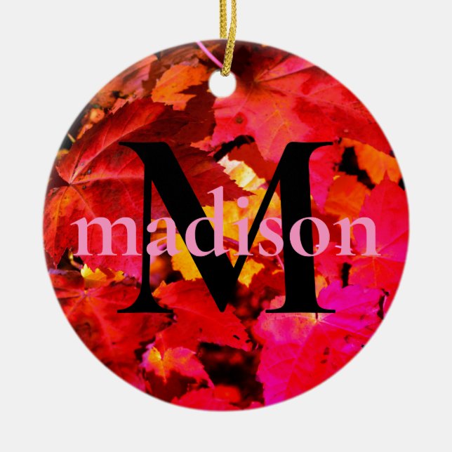 Colourful abstract pink red orange Autumn Leaves Ceramic Ornament (Front)