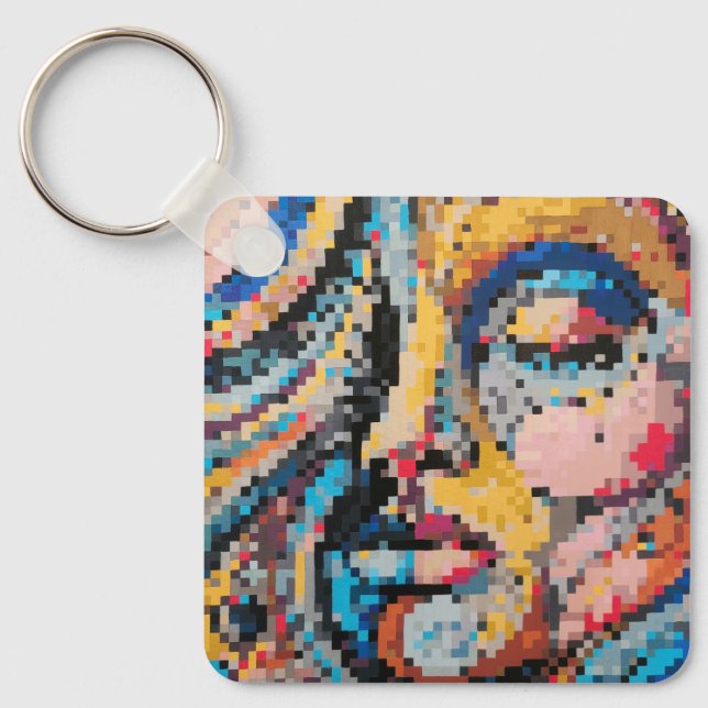 Colourful abstract pixel face keychain (Front)