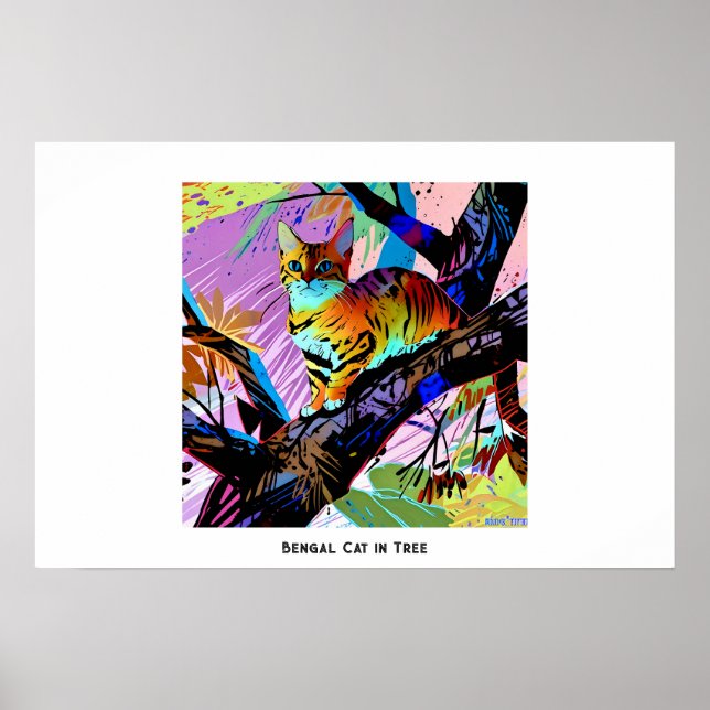 Colourful Abstract Pop Art Bengal Cat in Tree Poster (Front)