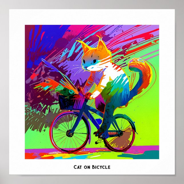 Colourful Abstract Pop Art Cat Riding Bicycle Poster (Front)