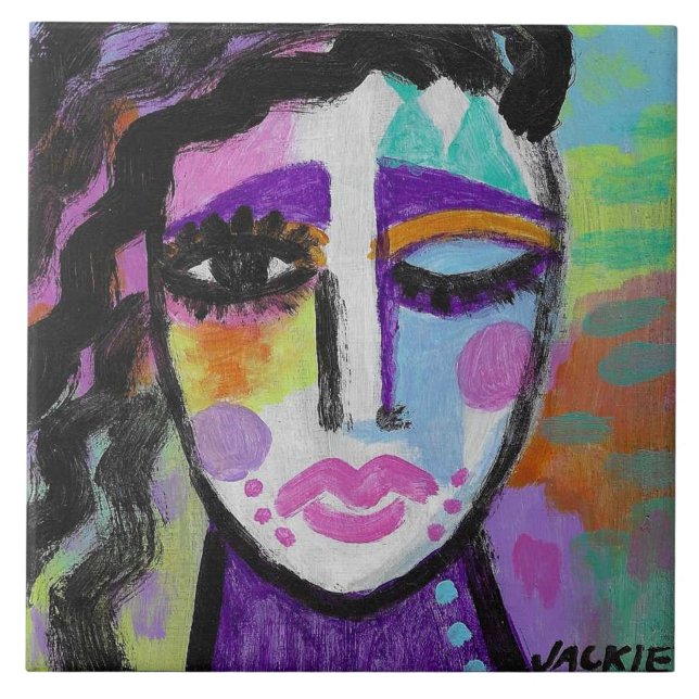 Colourful Abstract Portrait of a Woman Tile (Front)
