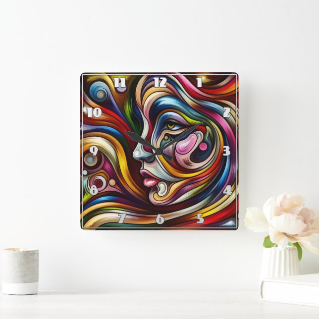 Colourful Abstract Portrait With Dynamic Swirls Square Wall Clock (Home)